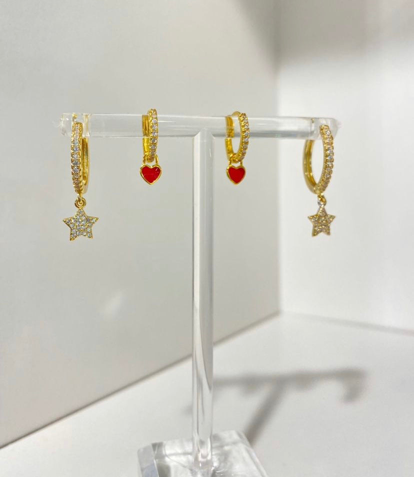 Small Delicate Red Hearts & Stars Gold Plated Earrings