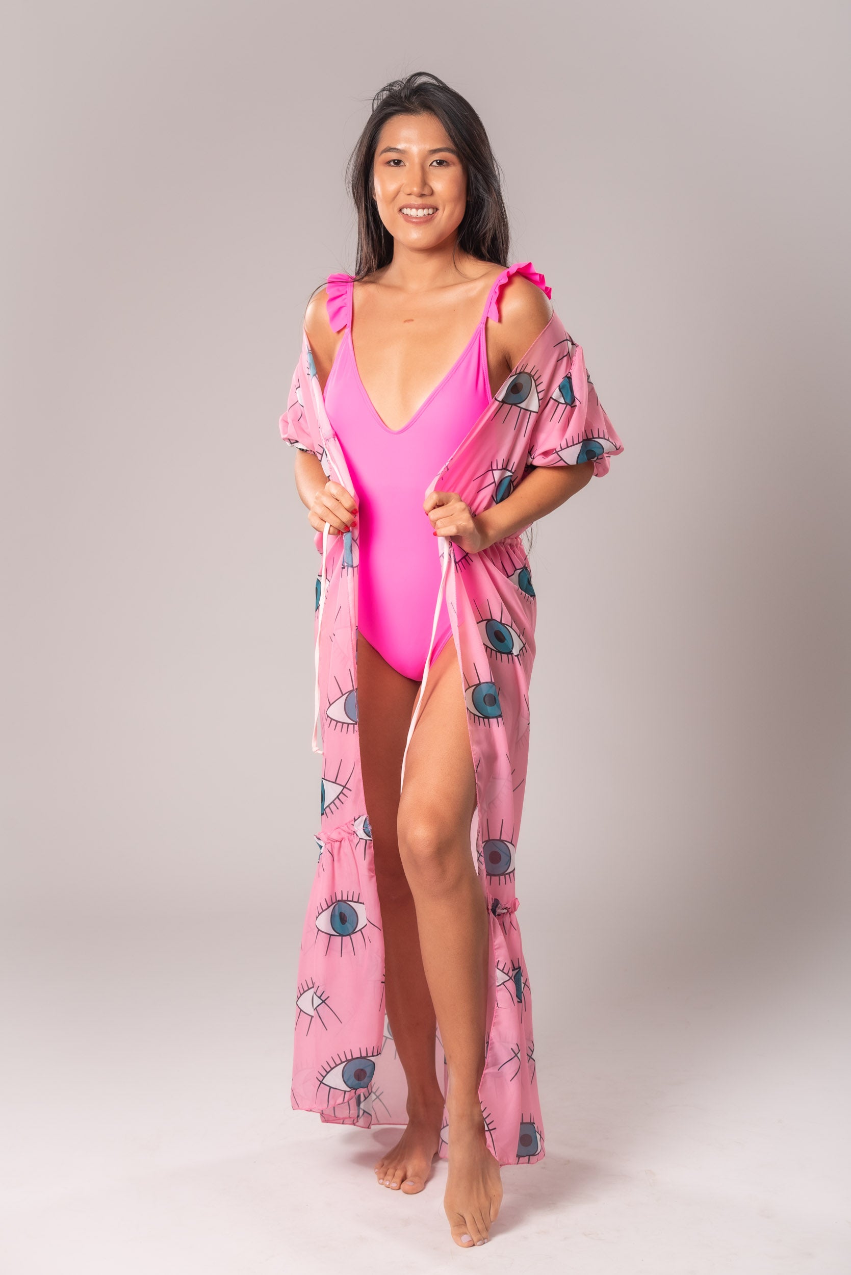 Cute Pink One Piece Kabdul Swimsuit and Body , With a Pink Eye Cover Ups