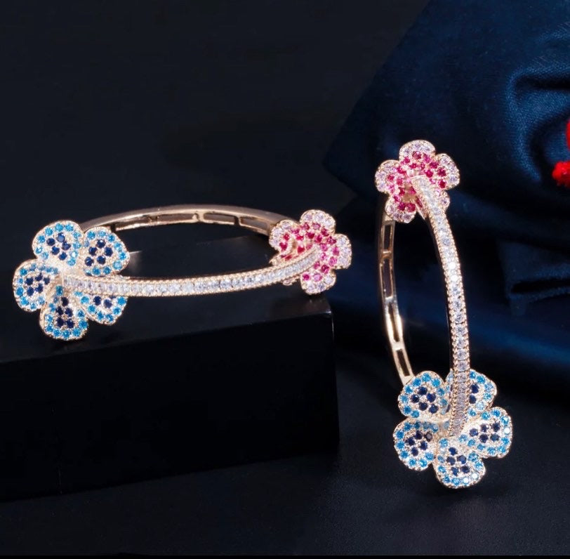 Two Flowers Hoops Sterling Silver  Luxury Earrings