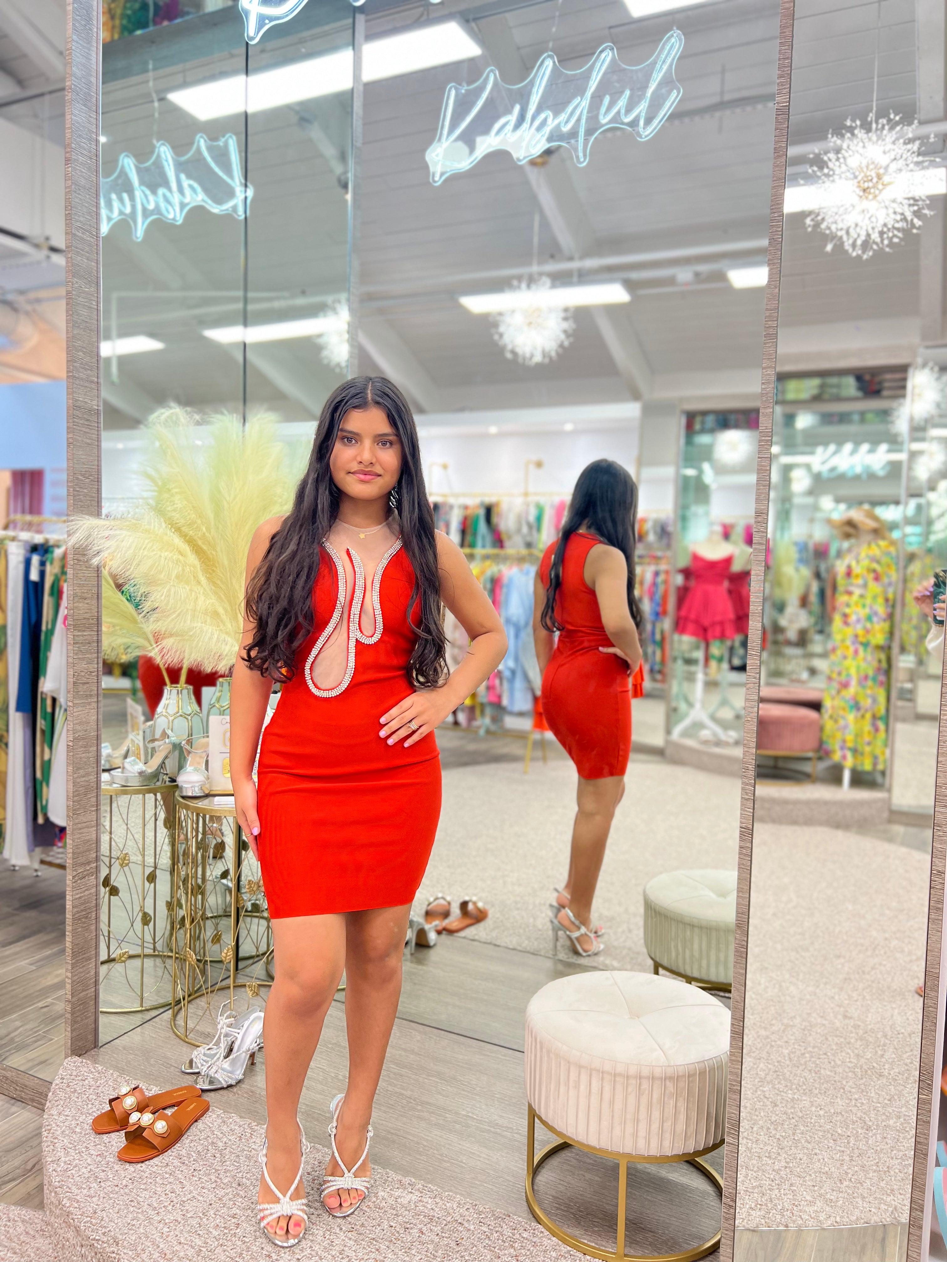 Short Formal Red Dress with Rhinestones